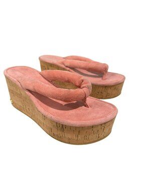Veronica Beard Pink Suede Cork Wedge Geno Thong Sandals Size 7.5